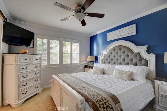 5101 Caspian Cir, Huntington Beach, CA 92649 - bedroom with ornamental molding, light colored carpet, and ceiling fan