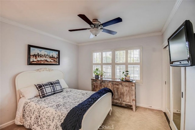 5101 Caspian Cir, Huntington Beach, CA 92649 - bedroom with crown molding, light colored carpet, and ceiling fan