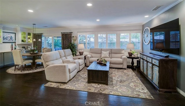 5101 Caspian Cir, Huntington Beach, CA 92649 - living room with ornamental molding, recessed lighting, and dark wood-type flooring