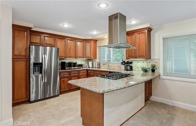 617 Iris Ave, Corona Del Mar, CA 92625 - kitchen with appliances with stainless steel finishes, island range hood, a peninsula, brown cabinets, and recessed lighting