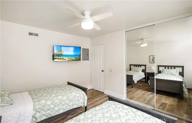 617 Iris Ave, Corona Del Mar, CA 92625 - bedroom featuring wood finished floors, a closet, electric panel, and a ceiling fan