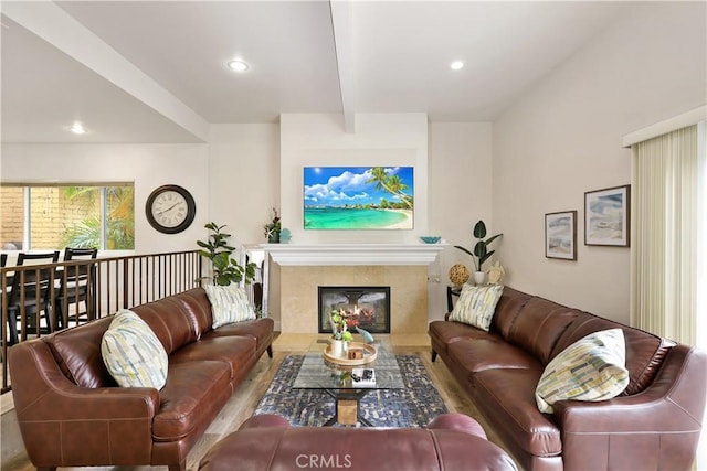 617 Iris Ave, Corona Del Mar, CA 92625 - living area with beamed ceiling, recessed lighting, a fireplace, and wood finished floors