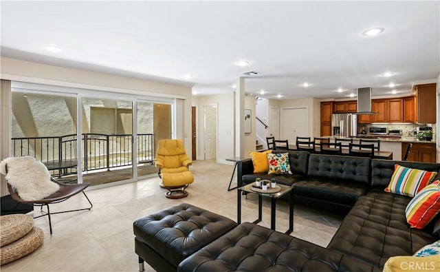 617 Iris Ave, Corona Del Mar, CA 92625 - living area featuring light tile patterned floors, recessed lighting, and stairs