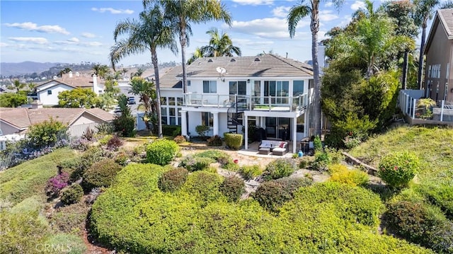 2305 Via Zafiro, San Clemente, CA 92673 - back of house featuring a patio, a tile roof, stairway, stucco siding, and a mountain view
