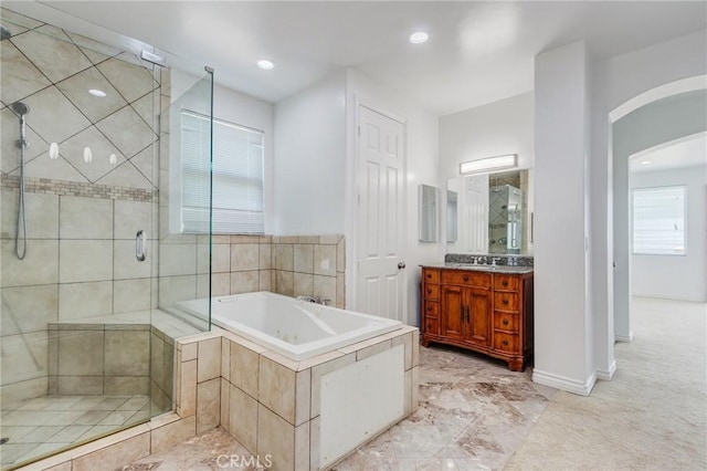 35050 Margo Rd, Lake Elsinore, CA 92530 - full bathroom with vanity, a bath, a stall shower, and recessed lighting
