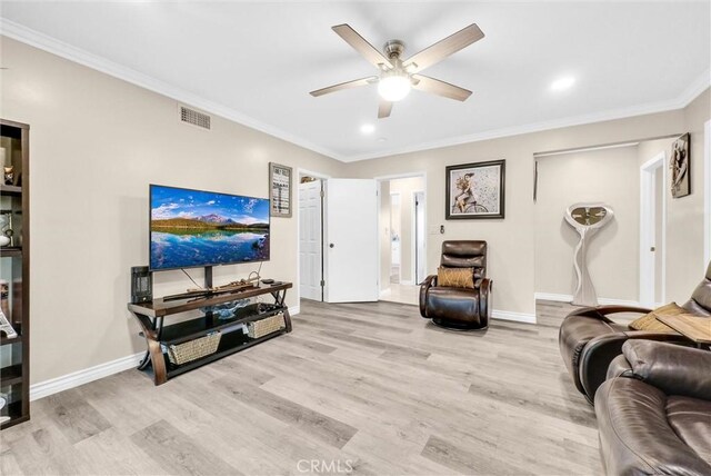 1115 E Sierra Madre Ave, Glendora, CA 91741 - living room featuring light wood-style flooring, a ceiling fan, crown molding, and recessed lighting