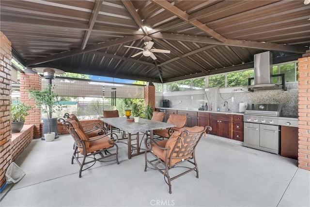 1115 E Sierra Madre Ave, Glendora, CA 91741 - view of patio / terrace featuring an outdoor kitchen, ceiling fan, a gazebo, and outdoor dining area