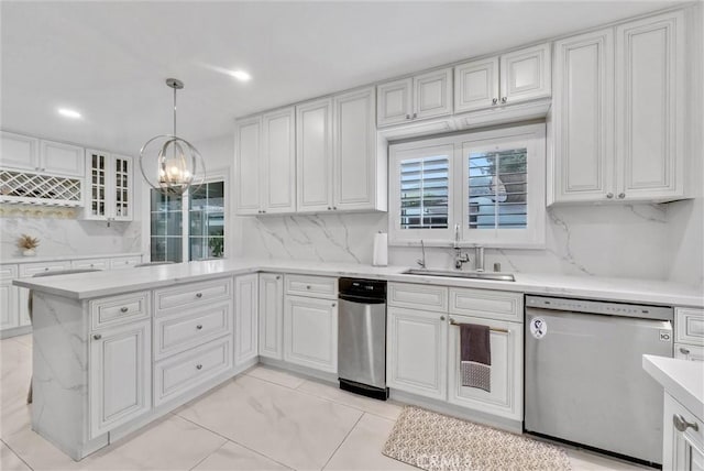 1115 E Sierra Madre Ave, Glendora, CA 91741 - kitchen with stainless steel dishwasher, a chandelier, tasteful backsplash, white cabinets, and recessed lighting