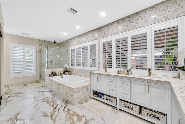 1115 E Sierra Madre Ave, Glendora, CA 91741 - full bathroom with a shower stall, a bath, double vanity, and recessed lighting