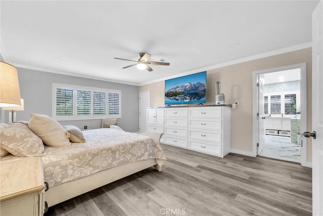 1115 E Sierra Madre Ave, Glendora, CA 91741 - bedroom with light wood-style flooring, multiple windows, crown molding, and ceiling fan