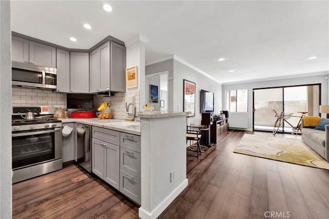 1118 Valencia St Unit 120, Los Angeles, CA 90015 - kitchen featuring appliances with stainless steel finishes, gray cabinets, open floor plan, a peninsula, and dark wood-style floors