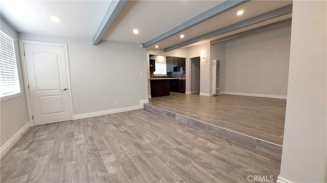 8649 Cantaloupe Ave, Panorama City, CA 91402 - unfurnished living room with beam ceiling, recessed lighting, light wood-style floors, and healthy amount of natural light