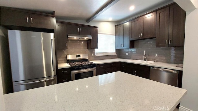 8649 Cantaloupe Ave, Panorama City, CA 91402 - kitchen featuring appliances with stainless steel finishes, under cabinet range hood, dark brown cabinets, backsplash, and recessed lighting