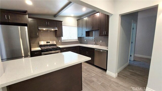 8649 Cantaloupe Ave, Panorama City, CA 91402 - kitchen featuring stainless steel appliances, under cabinet range hood, dark brown cabinetry, backsplash, and light wood-style flooring