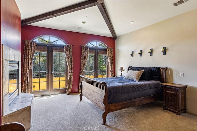 935 Isabella Way, San Luis Obispo, CA 93405 - carpeted bedroom featuring french doors, beamed ceiling, multiple windows, access to exterior, and recessed lighting