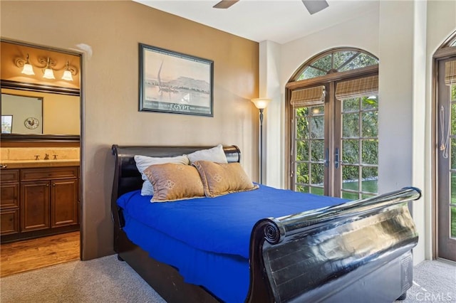 935 Isabella Way, San Luis Obispo, CA 93405 - bedroom featuring light carpet, ensuite bath, access to outside, and a ceiling fan