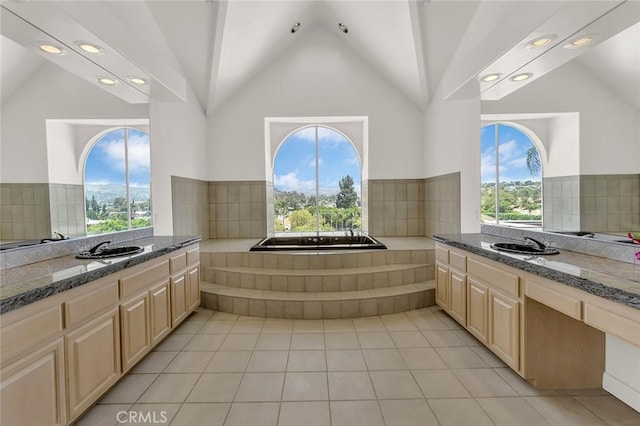6041 Calle Mirador, Yorba Linda, CA 92886 - bathroom featuring vaulted ceiling, plenty of natural light, a bath, tile patterned floors, and recessed lighting