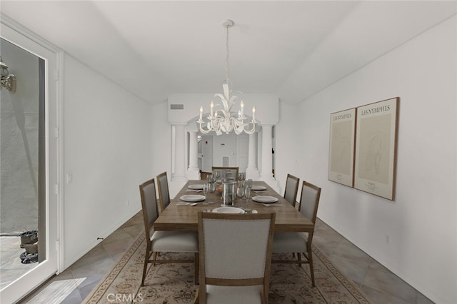 6041 Calle Mirador, Yorba Linda, CA 92886 - dining room featuring a chandelier, decorative columns, tile patterned flooring, and lofted ceiling