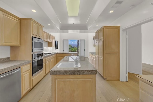 6041 Calle Mirador, Yorba Linda, CA 92886 - kitchen with appliances with stainless steel finishes, light brown cabinets, light wood-style flooring, and recessed lighting