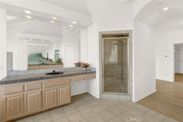 6041 Calle Mirador, Yorba Linda, CA 92886 - bathroom with a shower stall, recessed lighting, vanity, and tile patterned flooring