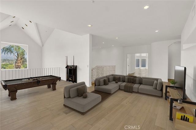 6041 Calle Mirador, Yorba Linda, CA 92886 - living room with billiards, light wood finished floors, recessed lighting, and lofted ceiling