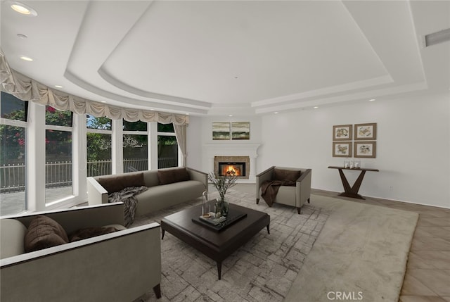 6041 Calle Mirador, Yorba Linda, CA 92886 - living room featuring a raised ceiling, recessed lighting, a glass covered fireplace, and tile patterned floors