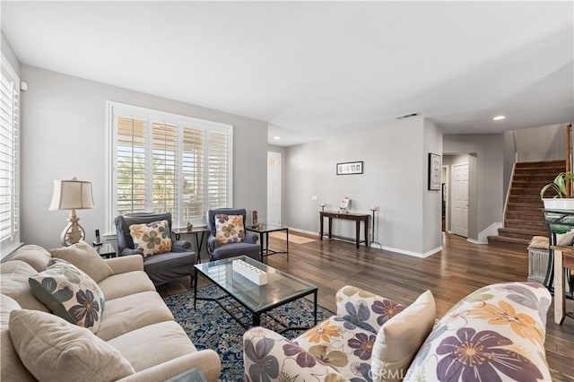 42639 Biscay, Lancaster, CA 93536 - living room featuring stairway, wood finished floors, plenty of natural light, and recessed lighting