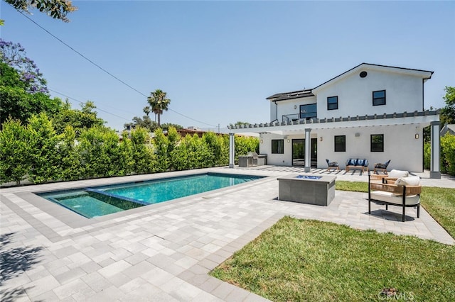 251 S Griffith Park Dr, Burbank, CA 91506 - view of pool with a pergola, a patio area, an outdoor living space with a fire pit, a pool with connected hot tub, and a lawn