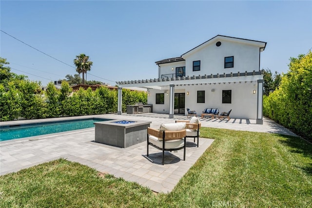 251 S Griffith Park Dr, Burbank, CA 91506 - rear view of property featuring a pergola, an outdoor living space with a fire pit, a patio, a yard, and an outdoor pool