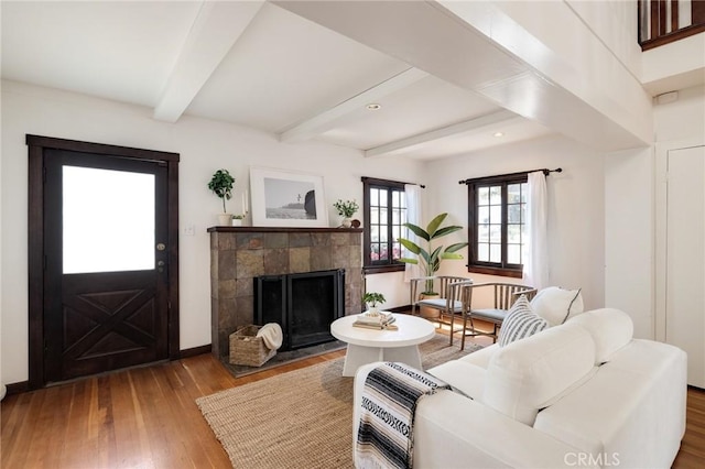 525 Manhattan Beach Blvd, Manhattan Beach, CA 90266 - living area featuring wood finished floors, beam ceiling, a fireplace, and recessed lighting