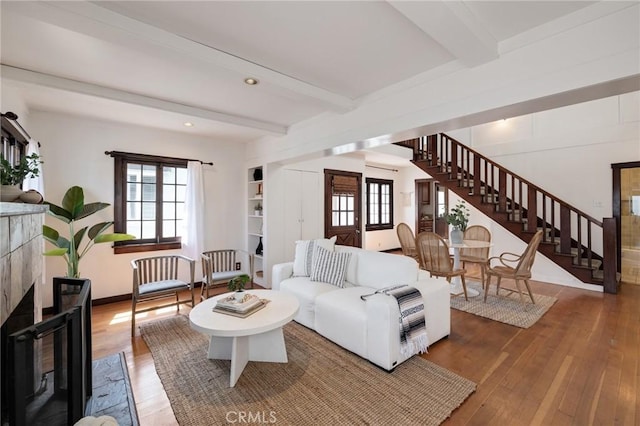 525 Manhattan Beach Blvd, Manhattan Beach, CA 90266 - living area with stairs, beam ceiling, hardwood / wood-style floors, recessed lighting, and a fireplace