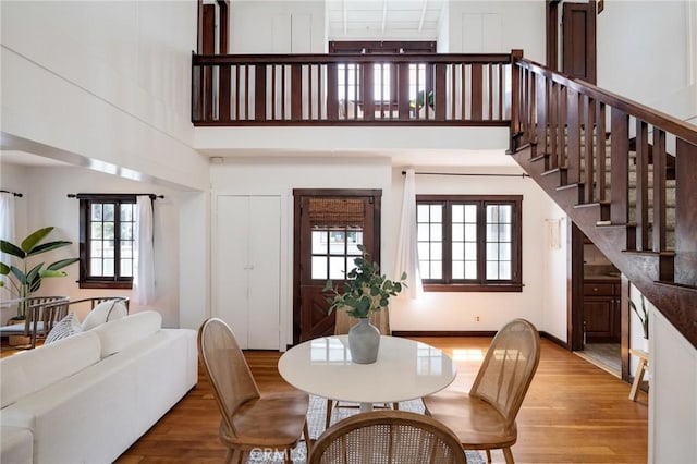 525 Manhattan Beach Blvd, Manhattan Beach, CA 90266 - dining room with wood finished floors, plenty of natural light, stairs, and a towering ceiling
