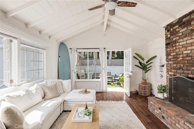 525 Manhattan Beach Blvd, Manhattan Beach, CA 90266 - living room with wood-type flooring, a ceiling fan, healthy amount of natural light, a fireplace, and wooden ceiling