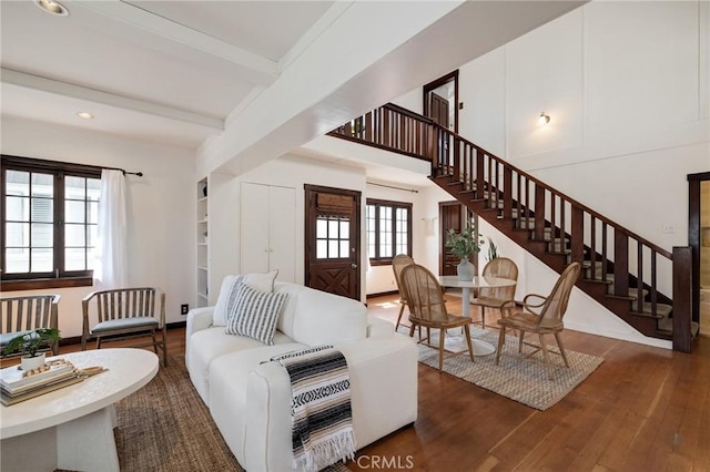 525 Manhattan Beach Blvd, Manhattan Beach, CA 90266 - living room featuring stairs, plenty of natural light, beamed ceiling, dark wood-type flooring, and recessed lighting
