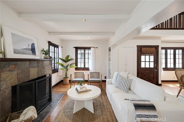525 Manhattan Beach Blvd, Manhattan Beach, CA 90266 - living room featuring beam ceiling, a fireplace, plenty of natural light, wood finished floors, and recessed lighting