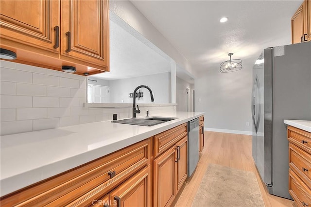 3096 Panorama Rd Unit A, Riverside, CA 92506 - kitchen with appliances with stainless steel finishes, brown cabinets, decorative backsplash, light wood-style floors, and light countertops