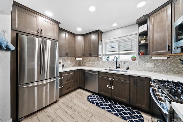 353 61st St, San Diego, CA 92114 - kitchen with stainless steel appliances, dark brown cabinetry, tasteful backsplash, recessed lighting, and open shelves