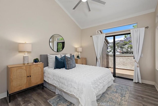 17202 Corbina Ln Unit 208, Huntington Beach, CA 92649 - bedroom featuring lofted ceiling, access to exterior, dark wood-type flooring, ornamental molding, and ceiling fan