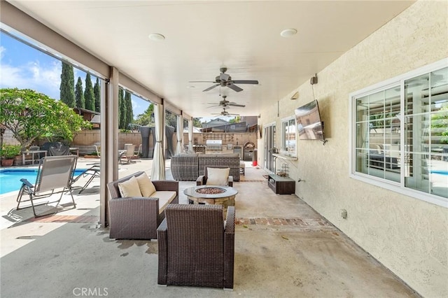 1465 E Tam O Shanter St, Ontario, CA 91761 - fenced backyard featuring an outdoor fire pit, a patio, exterior kitchen, and a ceiling fan