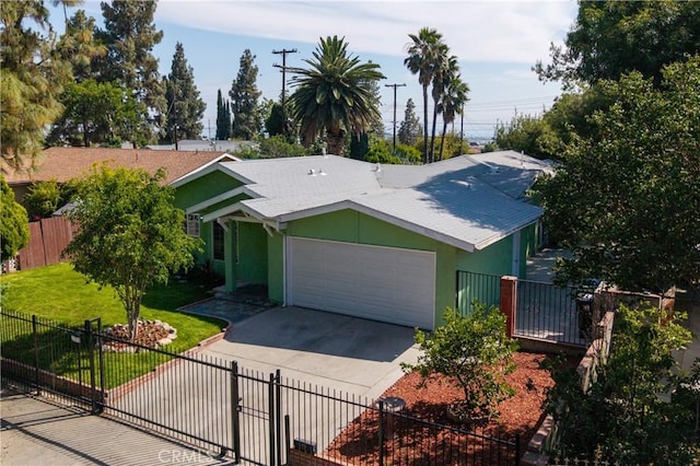 11863 Vanport Ave, Sylmar, CA 91342 - ranch-style home with stucco siding, an attached garage, a fenced front yard, and driveway