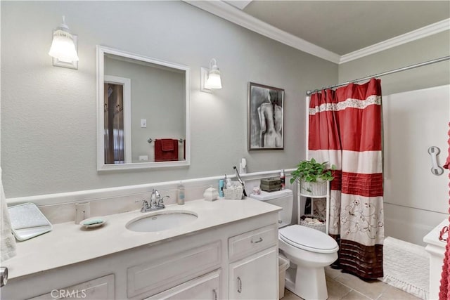 2205 Via Mariposa E Unit A, Laguna Woods, CA 92637 - bathroom featuring ornamental molding, vanity, shower / bath combination with curtain, and tile patterned flooring