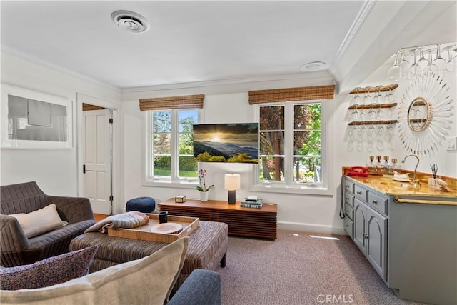 28233 N Shore Rd, Lake Arrowhead, CA 92352 - living room with ornamental molding, bar with sink, and carpet flooring