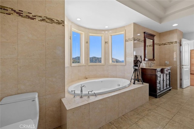 759 Foxkirk Rd, Glendale, CA 91206 - bathroom with tile walls, a bath, vanity, recessed lighting, and tile patterned floors