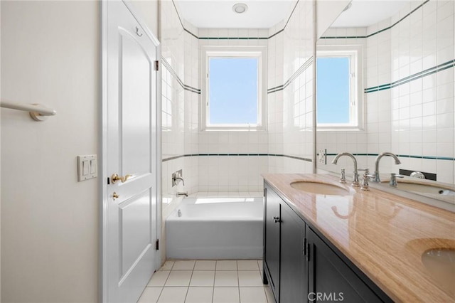 759 Foxkirk Rd, Glendale, CA 91206 - full bath with double vanity, tile patterned floors, shower / bath combination, and tile walls