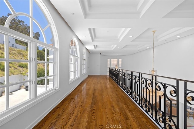 759 Foxkirk Rd, Glendale, CA 91206 - corridor with coffered ceiling, wood finished floors, beam ceiling, and recessed lighting