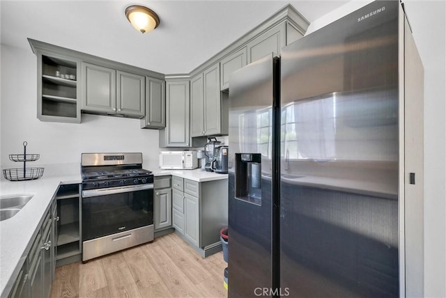 5005 Pearblossom Dr, Riverside, CA 92507 - kitchen featuring stainless steel appliances, gray cabinets, light wood-style flooring, and light countertops