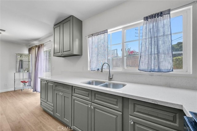 5005 Pearblossom Dr, Riverside, CA 92507 - kitchen featuring gray cabinetry, healthy amount of natural light, light wood-style floors, and light countertops