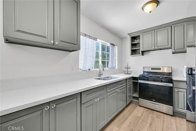 5005 Pearblossom Dr, Riverside, CA 92507 - kitchen with stainless steel range with gas cooktop, gray cabinets, light wood-type flooring, and open shelves