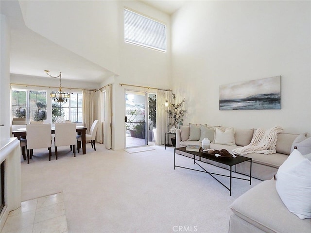 34 Via Capri, Rancho Palos Verdes, CA 90275 - living area featuring a chandelier, carpet floors, and a towering ceiling