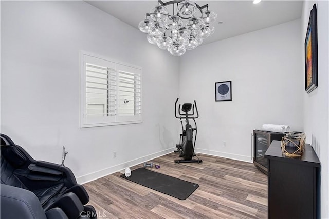 20211 W Liverpool Way, Porter Ranch, CA 91326 - workout area with wood finished floors, a chandelier, wine cooler, and recessed lighting